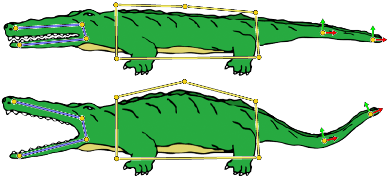The Alligator is deformed using a skeleton on the jaws, a cage on the belly and points on the tail.