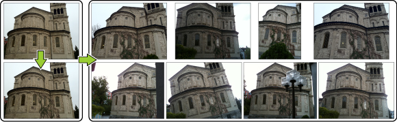 Vines, cracks and even new windows are added to an image of a church and then propagated to 8 other images. 